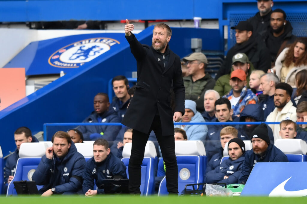 Primo piano di Graham Potter sulla panchina del Chelsea delusione della Premier League